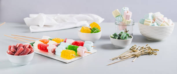 istock Gummy candy kabobs on skewers served on the table web banner 2155824719