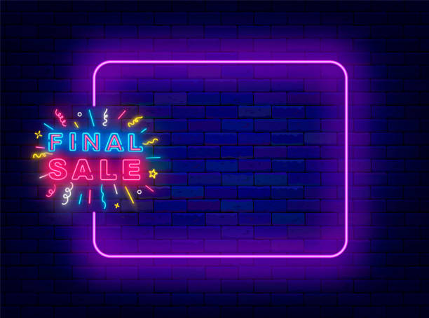 istock Final sale neon promotion template. Special offer banner. Shiny greeting card. Empty purple frame. Vector illustration 2155828114