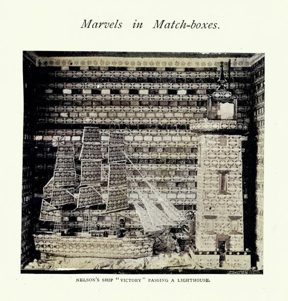 istock Model of HMS Victory passing a lighthouse made out of match boxes, Victorian model making hobby, 1890s 2155829690