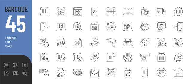 Barcode Line Editable Icons set. Vector illustration in modern thin line style of technology related icons: QR code, product, scanner, and other. Pictograms and infographics for mobile apps. bar-code-reader stock illustrations