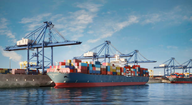 istock Digital Imge of Container Ship Docked at Port with Cranes 2155834580