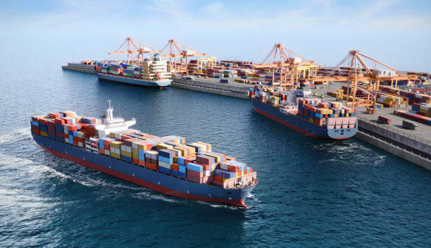 A vividly rendered, digitally generated image showcasing a container ship as it approaches a bustling port, highlighting the critical role of shipping in international trade and goods distribution.