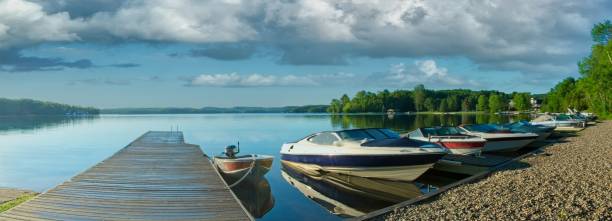 A tranquil lakeside view featuring a vibrant blue house, calm waters with gentle reflections, greenery, and serene surroundings. The ducks swimming further add life and harmony to the peaceful atmosphere