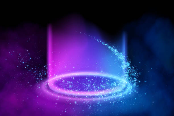 istock Magical fantasy portal. Round light frame, futuristic teleporter. lighting effect. Blue neon lights illuminate night scene with sequins on black background. Light effect of an empty podium 2155838912