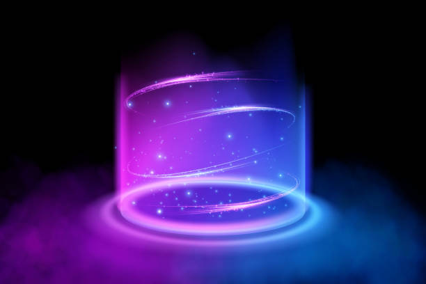 istock Magical fantasy portal. Round light frame, futuristic teleporter. lighting effect. Blue neon lights illuminate night scene with sequins on black background. Light effect of an empty podium 2155839454