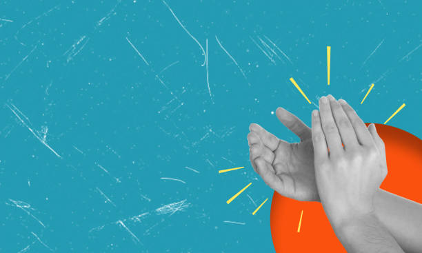 istock Applause, modern art collage, Female hands applauding on blue background. 2155839822
