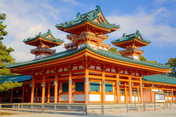 Kyoto, Japan - April 2 2023: Heian Shrine built on the occasion of 1100th anniversary of the capital's foundation in Kyoto, dedicated to the spirits of the first and last emperors who reigned the city