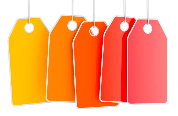 Hanging sale tags, yellow, orange and red colors. 3D rendering isolated on white background