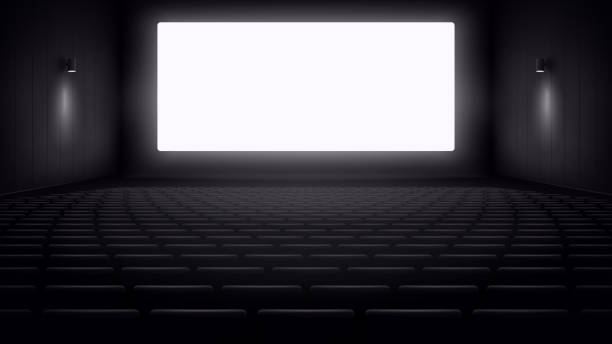 istock Cinema hall with white blank screen. Rows of seats, black cinema chairs. Theater empty scene. Movie theatre. Realistic render. Flat style cartoon design. Minimalism. Vector eps10 illustration. 2155842772