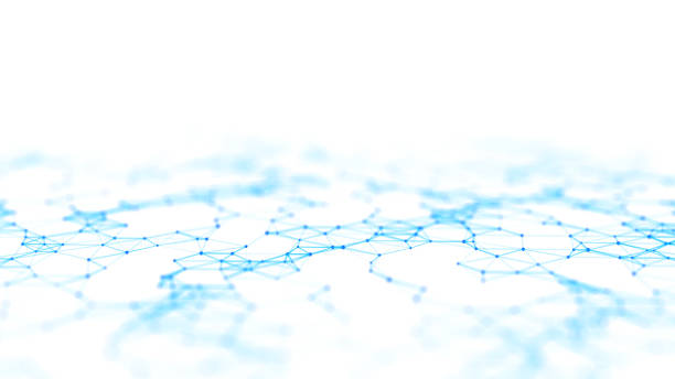Dynamic blue wave of particles and lines. Abstract futuristic background. Big data visualization. 3D rendering.