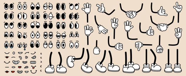 set of 70s groovy comic faces. collection elements of cartoon character faces, leg, hand in different emotions happy, angry, sad, cheerful. vector illustration - menschliche gliedmaßen stock-grafiken, -clipart, -cartoons und -symbole