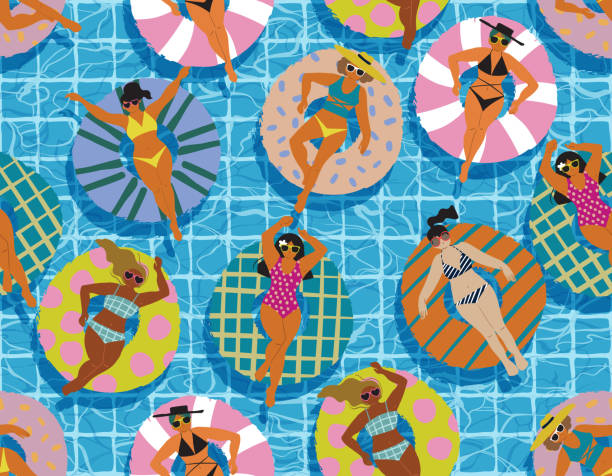 istock Seamless Pattern Summertime holidays cute Girl in swimsuit floating on colorful inflatable rings in blue pool water.  vector Illustration , 2155846672