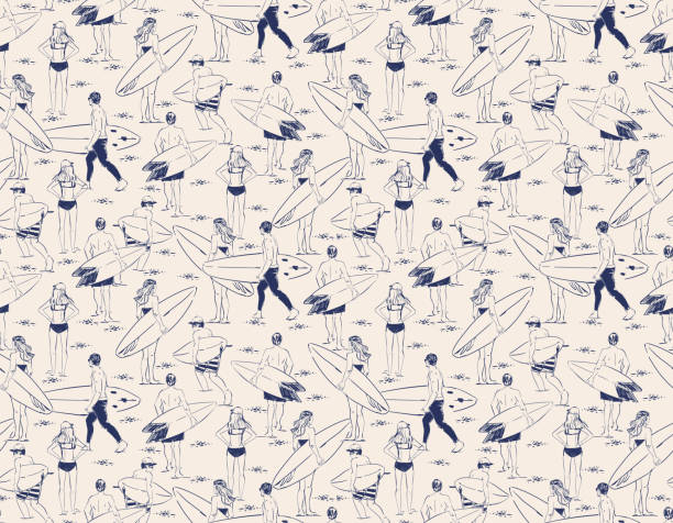 Stylish Hand drawn Sketch Surfers seamless pattern. Summer Activities Vector Illustration Stylish Hand drawn Sketch Surfers seamless pattern. Summer Activities Vector Illustration , Design for fashion , fabric, textile, wallpaper , wrapping and all prints drawing of the hawaii islands stock illustrations