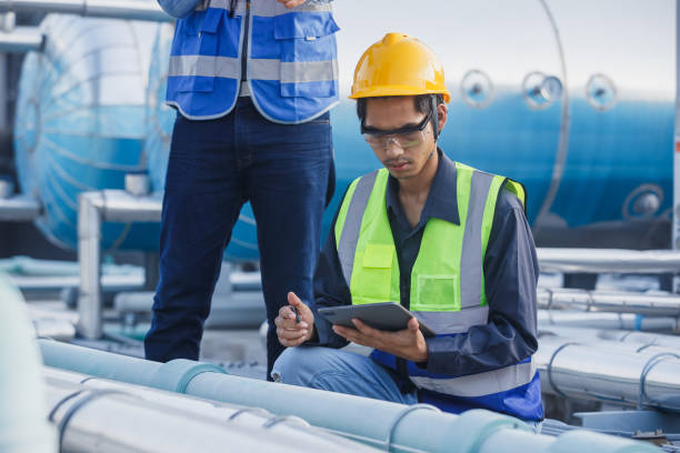 istock Team engineer holding tablet working at rooftop building construction. Male technician worker working checking hvac of office building. Engineering installing large air conditioning system. 2155848686