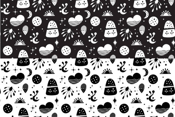 Seamless neo folk art vector pattern with mountains, moon and flowers, black and white floral design. Neo folk style endless background perfect for textile design. Seamless neo folk art vector pattern with mountains, moon and flowers, black and white floral design. Neo folk style endless background perfect for textile design traditional sun symbol art for sale stock illustrations