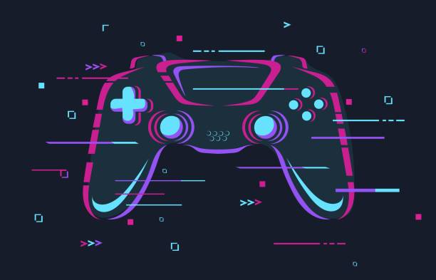 istock Glitch gamepad. Futuristic glitchy joystick cyber game zone logo gaming tournament poster, casual gamer controller light neon effect, esport action games neat vector illustration 2155859189