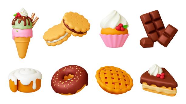 istock 3d dessert. Bakery shop sweets, pastries and cakes. Realistic ice cream, pie and cookies. Chocolate and cupcake, donut, pithy vector clipart 2155861851
