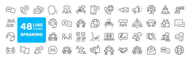 illustrations, cliparts, dessins animés et icônes de ensemble d’icônes web parlantes dans le style ligne. icônes de communication pour le web et l’application mobile. contenant des personnes, de la communication, des discussions, des bulles, des équipes, du soutien et plus encore - écouter