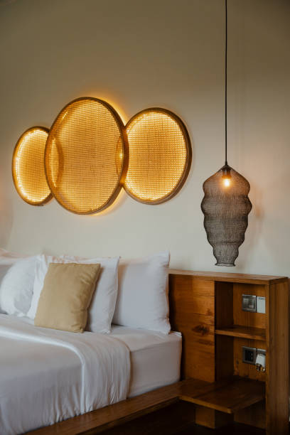 istock Cozy bedroom with modern decorative lighting fixtures 2155866886