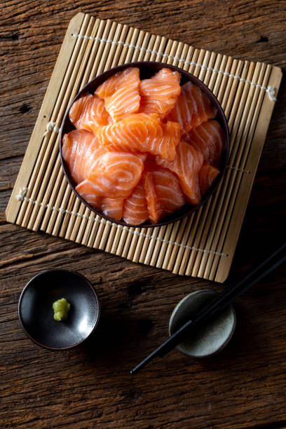istock Salmon Sashimi on wooden background 2155868500