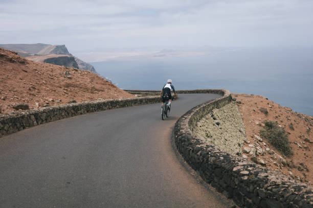 Road bicyclist rides through desert landscape