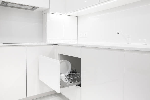 istock Open kitchen drawer with metal dish dry rack 2155871159