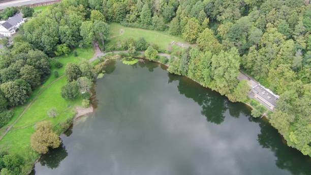 istock a river running through a green forest filled with trees with some buildings in the background 2155874958