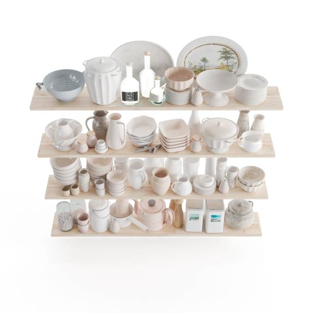 istock 3D illustration of modern shelves with glassware on a white background 2155875001