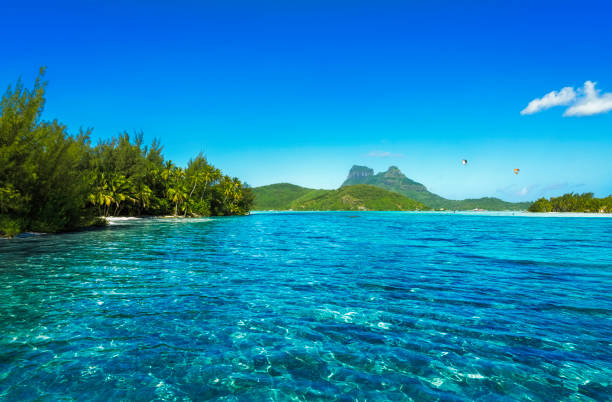 Motu, French Polynesia - 2001: A  photograph of the white sand beach on Motu island off the coast of Moorea as shot on the rare Canon EOS 1N - Kodak DCS 520, one of the first professional digital cameras, in French Polynesia.