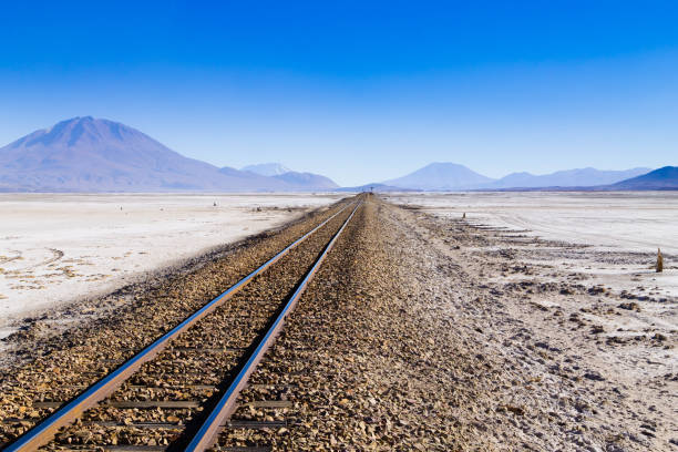 Train tracks perspective view from Bolivia. Bolivian landscape. Salar de Colchani