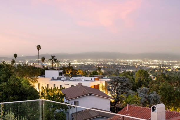 istock Balcony with table overlooking cityscape below in Encino, California 2155877588