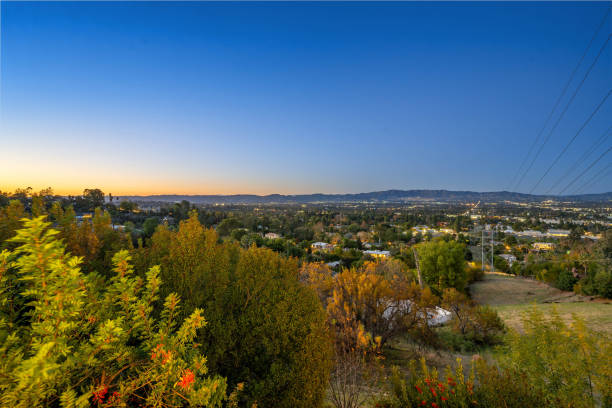 Rural town with power lines amid trees in Encino, CA