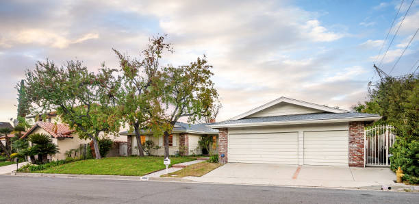 istock White garage in front of house and tree in Encino, CA 2155877789