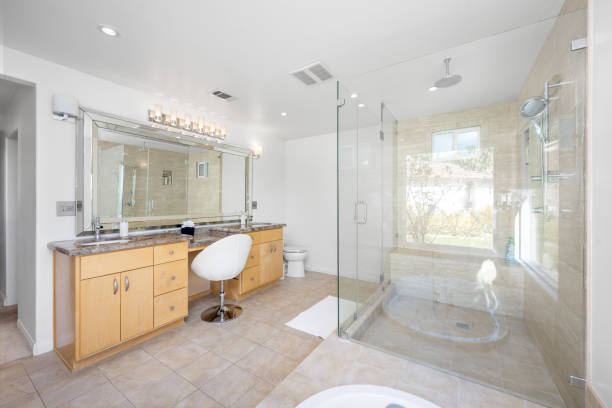 istock Spacious bathroom with walk-in shower and bathtub in Hidden Hills, CA 2155877843