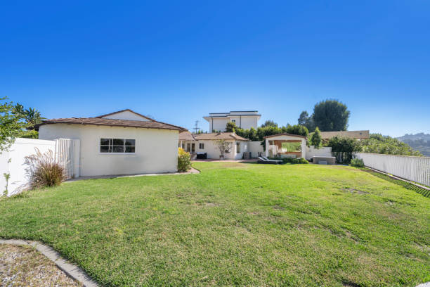istock House with backyard featuring lush grass, trees, and bushes in Hidden Hills, CA 2155877859