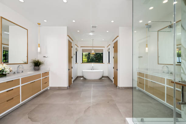 istock the bathroom has two sinks and a large mirror on the wall 2155879373