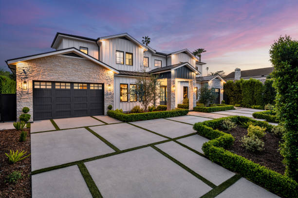 istock an outdoor front yard area with a path between two houses 2155879539