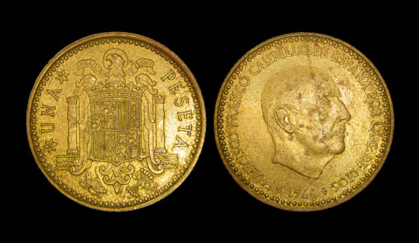 istock Spanish peseta coin with Francisco Franco on a black background 2155881648