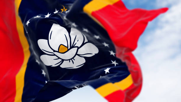 istock Mississippi state flag waving on a clear day 2155882580