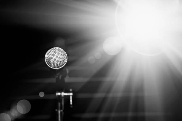 Public performance on stage. Microphone on abstract blurred of speech in seminar room or speaking conference hall.