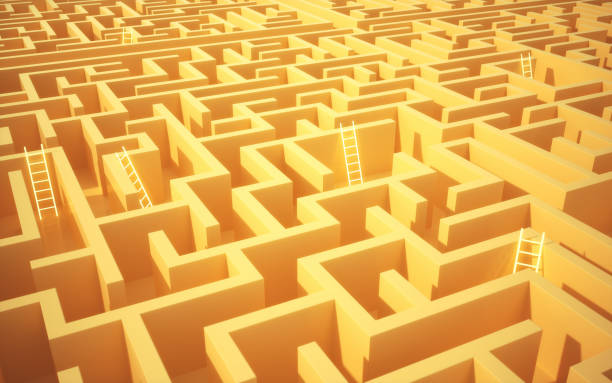 istock Rectangle Shaped Maze Staircase with Yellow Color and Neon Lights 2155887531