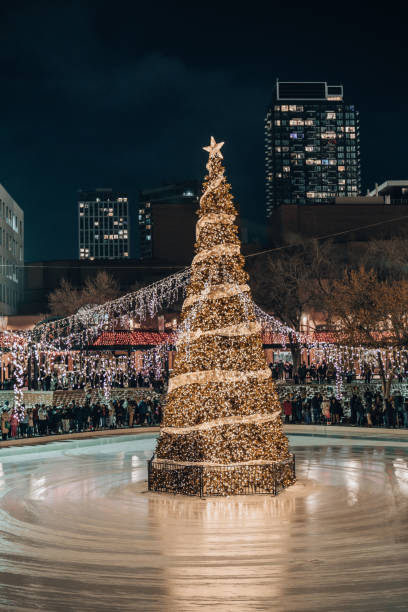 istock Large Christmas tree illuminated in a fountain at night. 2155887621
