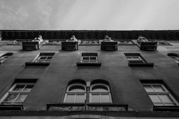 A monochrome image of a building
