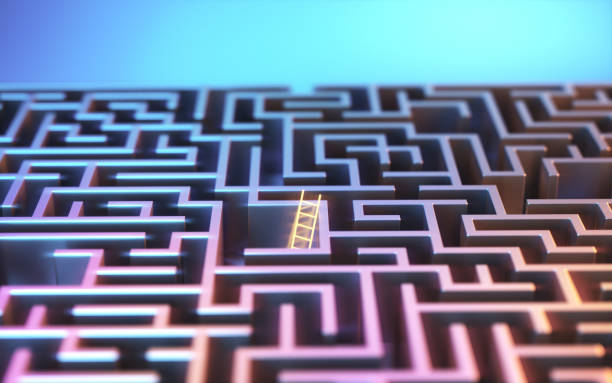 istock Rectangle Shape Metal Maze illuminated with Pink Blue and Orange Lights 2155887965