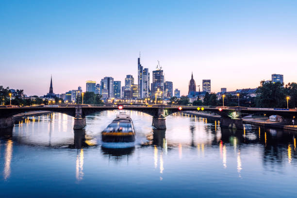 istock Frankfurt Skyline at Dusk with Illuminated Bridge and River View 2155889301