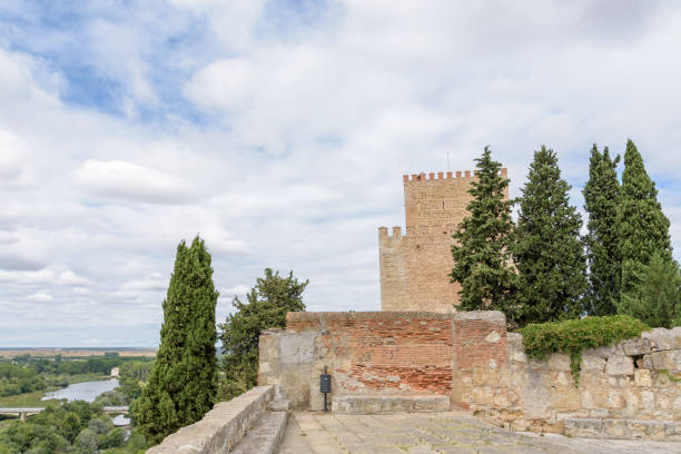 istock Ancient castle with front stairs, surrounded by trees and a river 2155892589