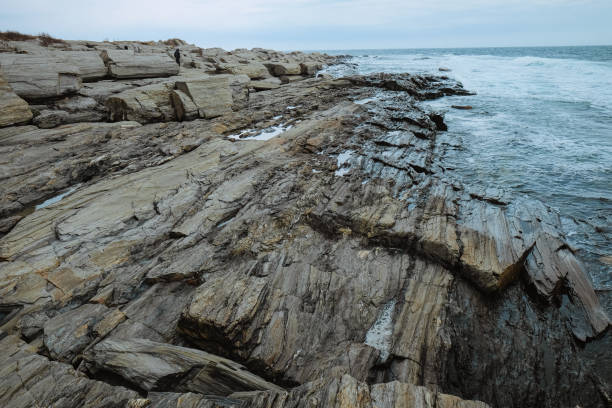A dramatic rocky coastal landscape featuring rugged rock formations extending into the ocean, with waves crashing against the shore. The overcast sky adds a moody atmosphere to the scene, highlighting the raw beauty and untamed nature of the coastline. This image captures the essence of a road trip adventure along the American shorelines, showcasing the diverse and stunning landscapes that can be explored.