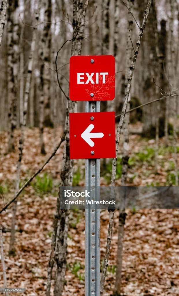 Outdoor Exit Rout Red Exit Sign On A Trail Indicating The Correct Exit Route Stock Photo ...