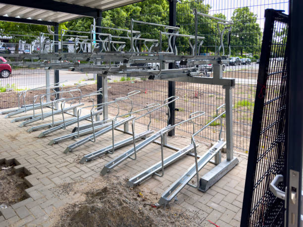 istock View of an almost completed bicycle garage. 2155897122
