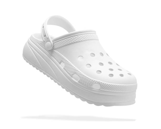 flying white sandals isolated on white background. mockup white slippers.